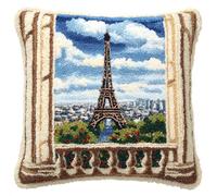 RKFLGEW DIY Stamped Pillow Latch Hook Kit The Eiffel Tower Scenery Outside The Window DIY Hook Crochet Yarn Needle Craft Easy Handmade Cushion for Home Sofa Decoration 43x43cm