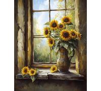 RKFLGEW Flowers DIY Bead Embroidery Kits Sunflowers By The Window Beaded Cross Stitch Kits Stamped Embroidery Set for Adults Wall Art 30x40 cm