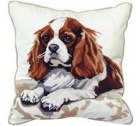 RKFLGEW Latch Hook Craft Kits Cavalier King Charles Spaniel Animal DIY Latch Hook Cushion Kit Beginners Adults Teenager Gift Embroidery Home Decoration Latch Hook Kit 43x43cm