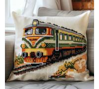 RKFLGEW Latch Hook Kit Cartoon Train Pillow Embroidery Kit Colorful Train 3D Pillow Materials Package Latch Hook Embroidery Kits DIY Carpet Cushion Crocheting Pillowcase for Home 43x43cm