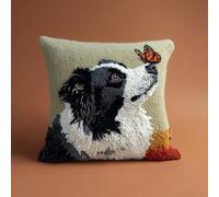 RKFLGEW Latch Hook Kit for Adults,Border Collie Looking Up with A Butterfly Latch Hook Pillow Case Kits, DIY Cushion Kit 17X17Inch, Cross Stitch Embroidery Kits Cover Home Decor 43X43Cm