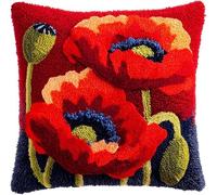 RKFLGEW Latch Hook Kit for Adults,Poppy Flowers Latch Hook Pillow Case Kits, DIY Cushion Kit 17X17Inch, Cross Stitch Embroidery Kits Cover Home Decor 43X43Cm
