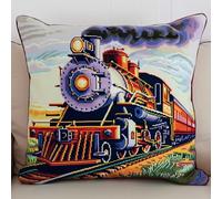 RKFLGEW Latch Hook Kits Cartoon Train Latch Hook Cushion Kits Landscape DIY Latch Hook Cushion Kit Beginners Adults Teenager Gift Embroidery Home Decoration Latch Hook Kit 43x43cm