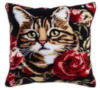 RKFLGEW Latch Hook Kits DIY Throw Pillow Cover Cat and Roses Latch Hook Sofa Cushion Cover Embroidery Craft Kit for Adults and Beginners Pattern Printed Canvas Creativity Crochet 17X17 Inch