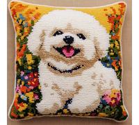 RKFLGEW Latch Hook Kits for Adults Beginners, Bichon Frise Smiling 17X17 in Pre-Printed Latch Hook Pillow Kit, Craft Rug Making Kits, DIY Embroidery Cushion for Home Sofa Decor & Gift Idea