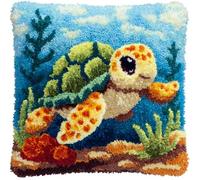 RKFLGEW Latch Hook Kits for Adults Beginners Cute Turtle 17X17 in DIY Crochet Pillow Kit Pre-Printed Pillowcase Hook and Latch Rug Kits Needlework Cushion Cover for Home Sofa Decoration