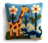 RKFLGEW Latch Hook Kits for Adults Beginners Giraffe and Flower 17X17 in DIY Crochet Pillow Kit Pre-Printed Pillowcase Hook and Latch Rug Kits Needlework Cushion Cover for Home Sofa Decoration