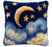 RKFLGEW Latch Hook Kits for Adults DIY Moon and Stars Pillow Cover Beginner Cross Stitch Kits with Preprinted Canvas Crochet Yarn Embroidery Hooking Sofa Home Decor 17'' X 17''