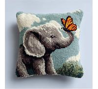 RKFLGEW Latch Hook Kits For Diy Throw Pillow Cover, Baby Elephant Looking Up With A Butterfly Colorful Handmade Pillow Case Cross-Stitch Embroidery Cushion For Home Decoration, Festival 17X17Inch