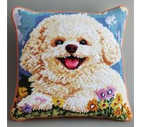 RKFLGEW Latch Hook Kits For Diy Throw Pillow Cover, Bichon Frise Smiling Colorful Handmade Pillow Case Cross-Stitch Embroidery Cushion For Home Decoration, Festival 17X17Inch
