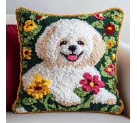 RKFLGEW Latch Hook Kits Pillow Bichon Frise Smiling 17X17 in Printed Canvas Cushion Crochet Yarn Needlework Hook Latch DIY Kit Embroidery Pillowcase Rug Cover Home Sofa Christmas Decoration