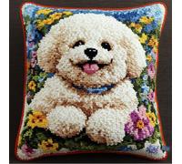 RKFLGEW Latch Hook Kits Pillow Bichon Frise Smiling Crochet Yarn Cushion Colour Pre-Printed Canvas Rug Needlework DIY Pillowcase Hook and Latch Kit Christmas Home Arts Crafts Sofa Decoration 43X43Cm