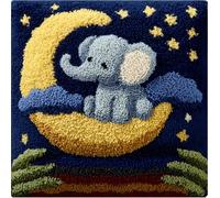 RKFLGEW Latch Hook Kits Pillow Little Elephant Under The Moon 17X17Inch DIY Handmade Cushion Crochet Yarn Embroidery Needlework Hook and Latch Kit Pillowcase Rug Cover Home Sofa Christmas Decoration