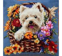 RKFLGEW Latch Hook Kits Pillow Printed Canvas DIY Cute White Dog and Flowers 17X17 Inch Handmade Cushion Crochet Yarn Embroidery Needlework Hook Latch Kit Pillowcase Rug Cover Christmas Home Sofa De