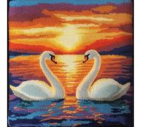 RKFLGEW Latch Hook Kits Pillow Swans at Sunset Crochet Yarn Cushion Colour Pre-Printed Canvas Rug Needlework DIY Pillowcase Hook and Latch Kit Christmas Home Arts Crafts Sofa Decoration 43X43Cm/17 X