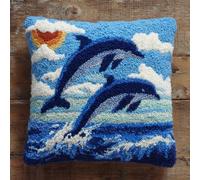 RKFLGEW Latch Hook Pillow Case Kits,Dolphins Under The Blue Sky 17X17Inch 3D DIY Latch Hook Cushion Cover Kit,Knitting Kits Cushion for Adults and Beginners Rug Making Kit for Starters