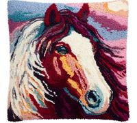 RKFLGEW Latch Hook Pillow Case Kits,Horse 17X17Inch 3D DIY Latch Hook Cushion Cover Kit,Knitting Kits Cushion for Adults and Beginners Rug Making Kit for Starters