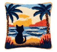 RKFLGEW Latch Hook Pillow Cover Kits for Adults Beginners,Cat On The Beach Pre-Printed Embroidery Cushion Kit Latch Hook Kit Cushion Cover Making for DIY Starter Project,17X17Inch