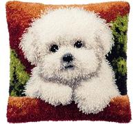 RKFLGEW Latch Hook Pillow Cover Kits for Adults Beginners,White Puppy Lying Down Pre-Printed Embroidery Cushion Kit Latch Hook Kit Cushion Cover Making for DIY Starter Project,17X17Inch