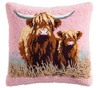 RKFLGEW Latch Hook Pillow Kit for Adults &, Highland Cow Mother and Calf DIY Pre-Printed Cross-Stitch Embroidery Canvas Craft, 17X17 Inch Decorative Throw Pillow Cover for Sofa Cushions, Bedroo