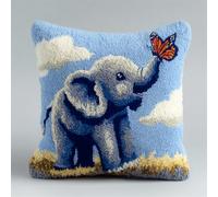 RKFLGEW Latch Hook Pillow Kit for Adults & Kids, Baby Elephant Looking Up with A Butterfly DIY Pre-Printed Cross-Stitch Embroidery Canvas Craft, 17X17 Inch Decorative Throw Pillow Cover for Sofa Cus