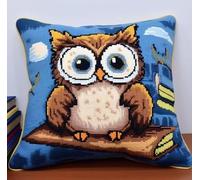 RKFLGEW Latch Hook Pillow Kit for Adults & Kids, Big-Eyed Owl DIY Pre-Printed Cross-Stitch Embroidery Canvas Craft, 17X17 Inch Decorative Throw Pillow Cover for Sofa Cushions, Bedroom Decor