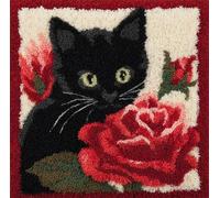 RKFLGEW Latch Hook Pillow Kit for Adults & Kids, Black Cat and Roses DIY Pre-Printed Cross-Stitch Embroidery Canvas Craft, 17X17 Inch Decorative Throw Pillow Cover for Sofa Cushions, Bedroom Decor