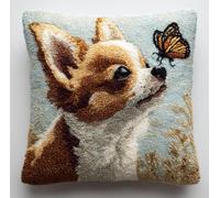 RKFLGEW Latch Hook Pillow Kit for Adults & Kids, Chihuahua Looking Up with A Butterfly DIY Pre-Printed Cross-Stitch Embroidery Canvas Craft, 17X17 Inch Decorative Throw Pillow Cover for Sofa Cushion