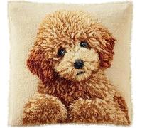RKFLGEW Latch Hook Pillow Kit for Adults & Kids, Cute Dog DIY Pre-Printed Cross-Stitch Embroidery Canvas Craft, 17X17 Inch Decorative Throw Pillow Cover for Sofa Cushions, Bedroom Decor