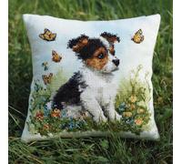 RKFLGEW Latch Hook Pillow Kit for Adults & Kids, Dog On The Grass DIY Pre-Printed Cross-Stitch Embroidery Canvas Craft, 17X17 Inch Decorative Throw Pillow Cover for Sofa Cushions, Bedroom Decor