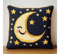 RKFLGEW Latch Hook Pillow Kit for Adults & Kids, Smiling Moon DIY Pre-Printed Cross-Stitch Embroidery Canvas Craft, 17X17 Inch Decorative Throw Pillow Cover for Sofa Cushions, Bedroom Decor