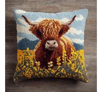 RKFLGEW Latch Hook Pillow Kits for Adults Beginners Highland Cow and Flower 17X17 in DIY Pre-Printed Latch Hook Rug Carpet Cushion Kits Cross-Stitch Embroidery Cushion Embroidered Pillow for Ho