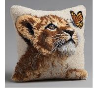RKFLGEW Latch Hook Pillow Kits for Adults Kids Beginners Baby Lion Looking Up with A Butterfly 17X17 in DIY Pre-Printed Latch Hook Rug Carpet Cushion Kits Cross-Stitch Embroidery Cushion Embroidered