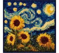 RKFLGEW Latch Hook Pillow Kits for Adults Kids Beginners Sunflowers Under The Starry Sky 17X17 in DIY Pre-Printed Latch Hook Rug Carpet Cushion Kits Cross-Stitch Embroidery Cushion Embroidered Pillo