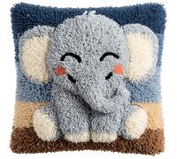 RKFLGEW Latch Hook Pillow Kits Smiling Elephant 17X17Inch DIY Handmade Crochet Yarn Needlework Hook and Latch Kit Printed Canvas Carpet Cushion Cover Home Christmas Decoration