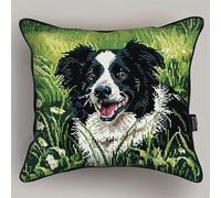 RKFLGEW Latch Hook Pillowcase Embroidery Kit,Dog in The Grass, 17X17 Inch Pre-Printed Latch Hook Rug Cushion Cover Kits for Adults and Beginners Cross-Stitch Embroidery Cushion Kit for Home Sofa Dec