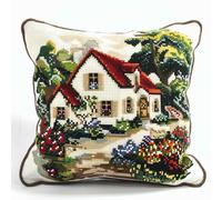 RKFLGEW Pillow Embroidery Kit Flowers and Cottage Landscape DIY Latch Hook Cushion Kit Beginners Adults Teenager Gift Embroidery Home Decoration Latch Hook Kit 43x43cm