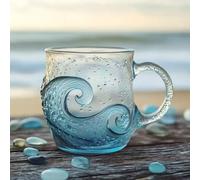 RKJRTK Sea Glass Waves Mug, 12 Oz Handblown Oceanwave Glass Mug Cup, Coastal Waves Drinkware, Uniques Textured Beach Theme Cups, Textured Ocean-Themed Drinkware for Tea/Coffee Artisan-Blown Beach