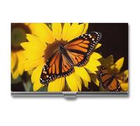 RKJVB Business Card Holder Butterflys on The Sunflowers Slim Business Card Case Professional Name Card Holders Purse Name Card Organizer Minimalist Pocket Card Cases for Men Women