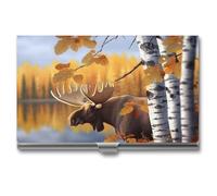 RKJVB Business Card Holder Fall Birch Leaves Elk Slim Business Card Case Professional Name Card Holders Purse Name Card Organizer Minimalist Pocket Card Cases for Men Women