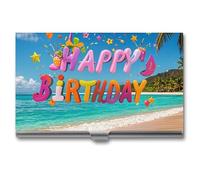 RKJVB Business Card Holder Happy Birthday on The Beach Slim Business Card Case Professional Name Card Holders Purse Name Card Organizer Minimalist Pocket Card Cases for Men Women