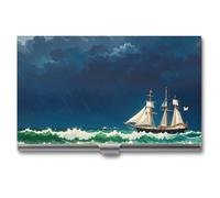 RKJVB Business Card Holder Stormy Waves Vintage Sailboat Slim Business Card Case Professional Name Card Holders Purse Name Card Organizer Minimalist Pocket Card Cases for Men Women