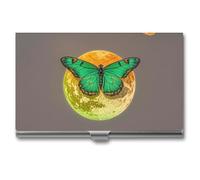 RKJVB Business Card Holder Sun And Moon Green Moth Slim Business Card Case Professional Name Card Holders Purse Name Card Organizer Minimalist Pocket Card Cases for Men Women