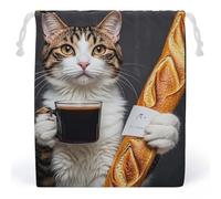 RKJVB Cat Bread Coffee Drawstring Bags Dust-proof Storage Bag Breathable Canvas Bag Reusable Muslin Bag for Party Wedding Xmas Gift Bag