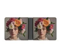 RKJVB Classic Slimfold Wallet for Women Head Wearing Floral Vortex Shape Bifold Credit Card Holder Wallet for Men Leather Wallet with ID Window And Multiple Card Slots Mini Wallet, Head Wearing Floral