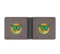 RKJVB Classic Slimfold Wallet for Women Sun And Moon Green Moth Bifold Credit Card Holder Wallet for Men Leather Wallet with ID Window And Multiple Card Slots Mini Wallet, Sun And Moon Green Moth, 4.6