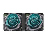 RKJVB Classic Slimfold Wallet for Women Teal Gray Rose Flower Bifold Credit Card Holder Wallet for Men Leather Wallet with ID Window And Multiple Card Slots Mini Wallet, Teal Gray Rose Flower, 4.6 ×