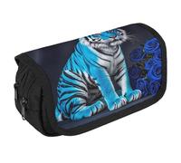 RKJVB Pencil Bag Blue Rose Tiger Pencil Pouch Large Capacity Pen Box Double Zipper Storage Bag 2 Compartments Portable Multifunctional Bag Desk Organizer Pen Case