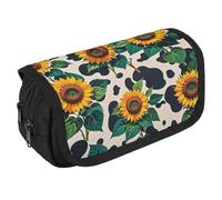 RKJVB Pencil Bag Cow Patterned Sunflower Pencil Pouch Large Capacity Pen Box Double Zipper Storage Bag 2 Compartments Portable Multifunctional Bag Desk Organizer Pen Case