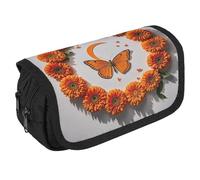 RKJVB Pencil Bag Orange Butterfly Moon Pencil Pouch Large Capacity Pen Box Double Zipper Storage Bag 2 Compartments Portable Multifunctional Bag Desk Organizer Pen Case